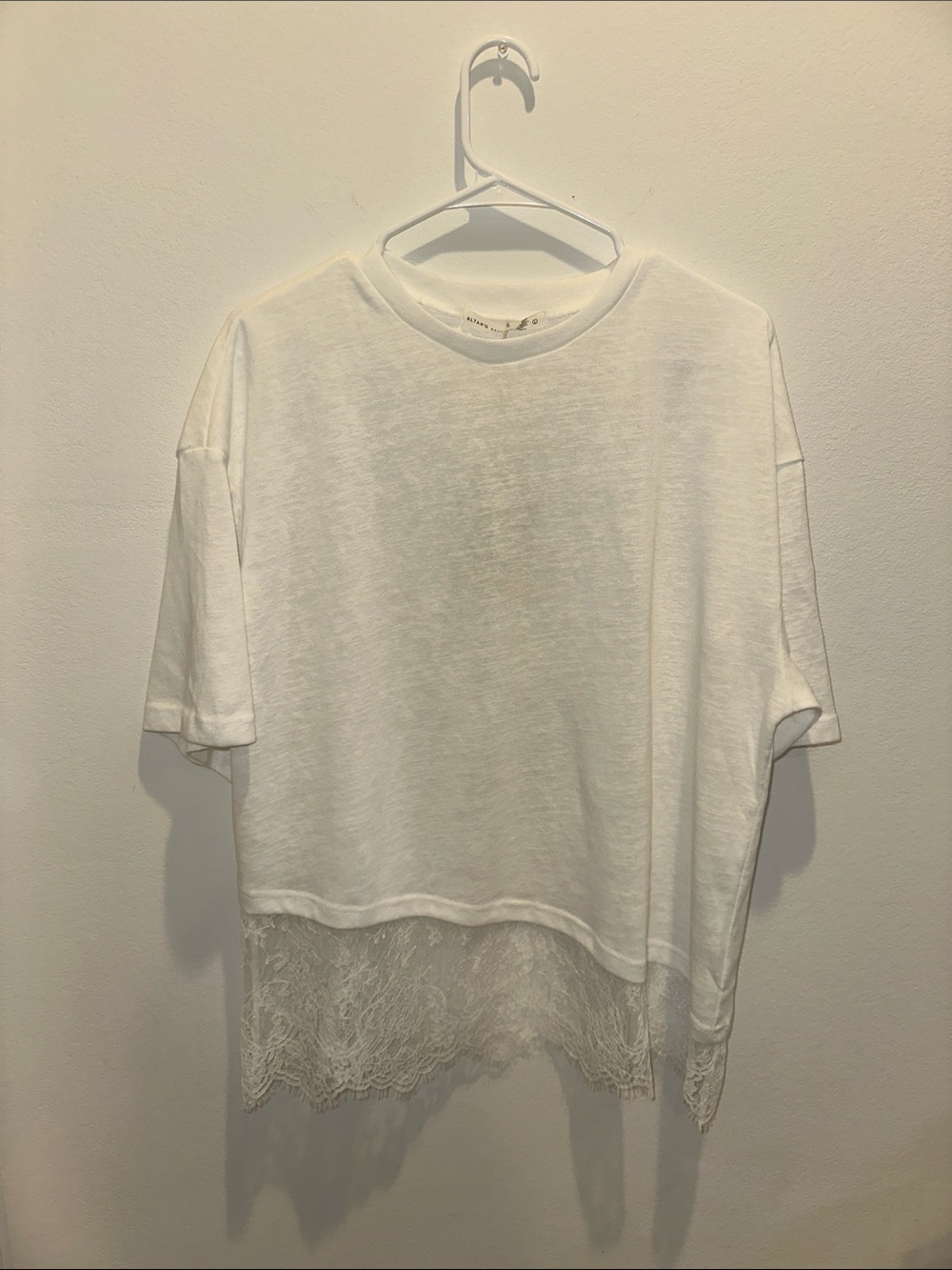 Altar'd State White Short Sleeve Top with Lace Hem